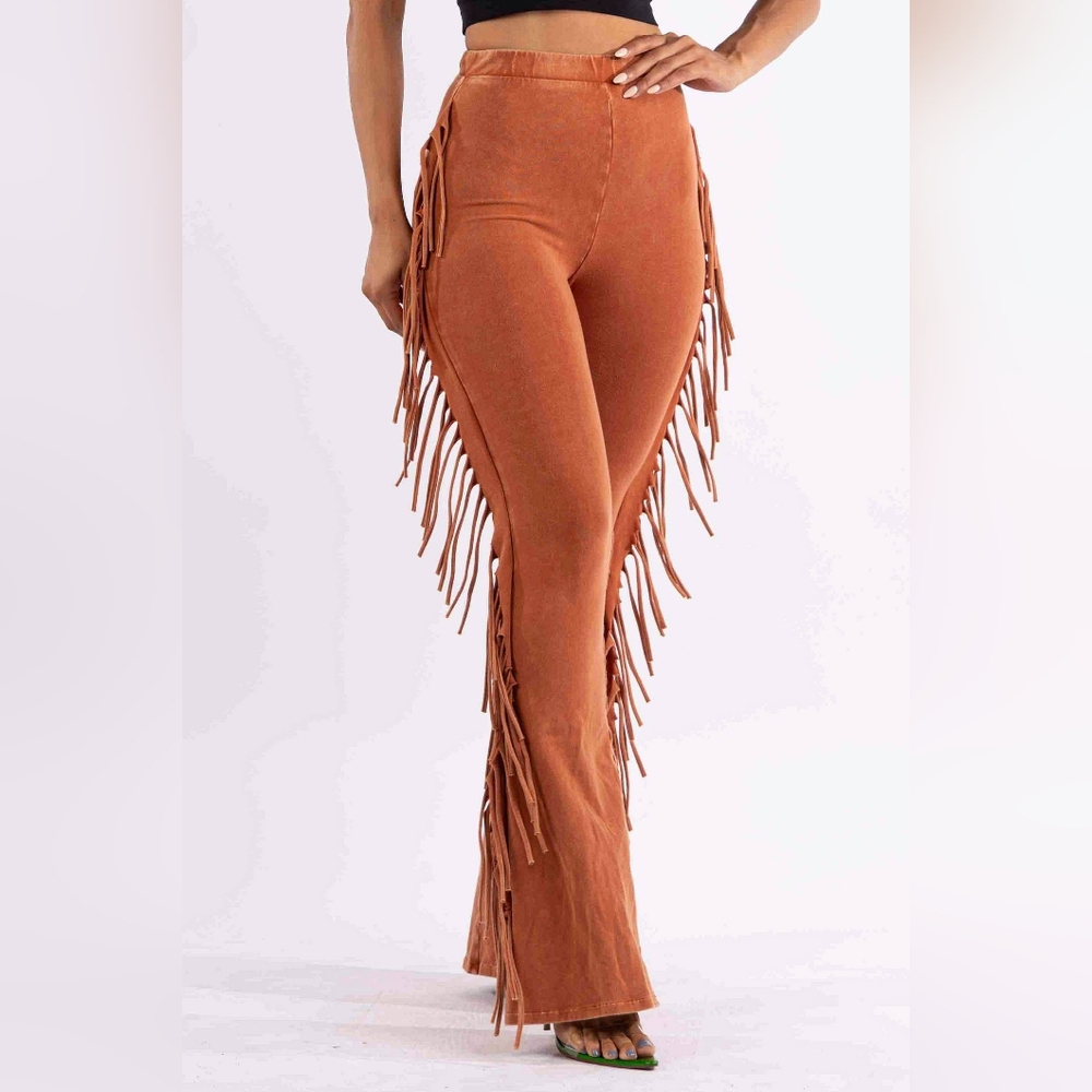 NWT Orange Mineral washed fringe flare leggings pants
